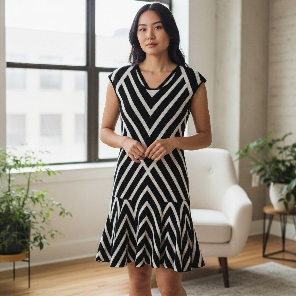 Banana Republic XS Petite Black & White Stripe Fit & Flare Dress - Picture 1 of 6